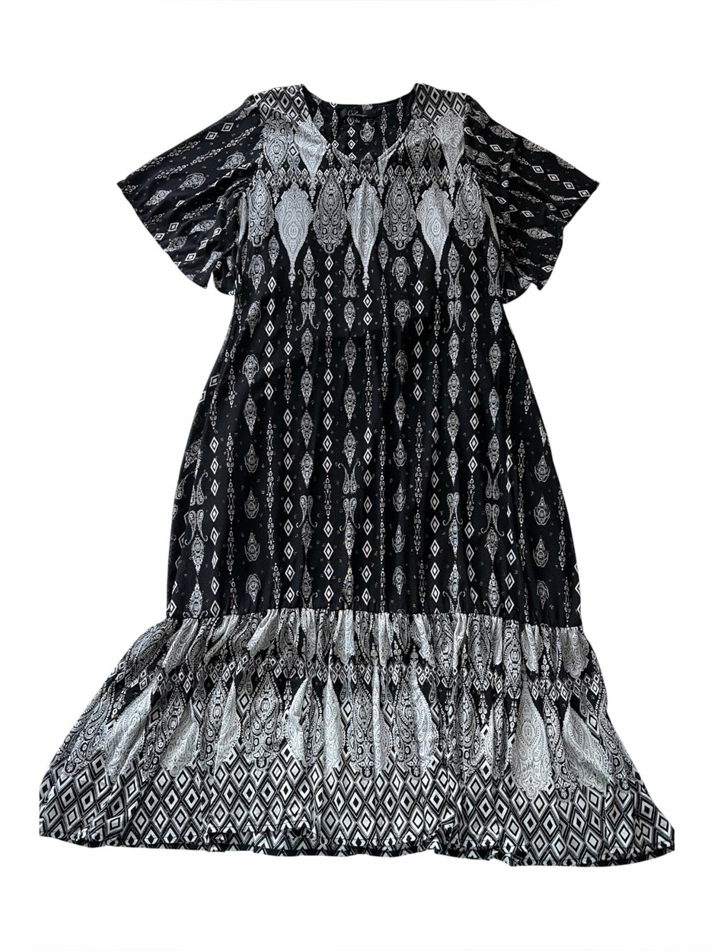 Caleesa Midi Length Dress Metallic Flutter Sleeve Ruffle Boho Sz L